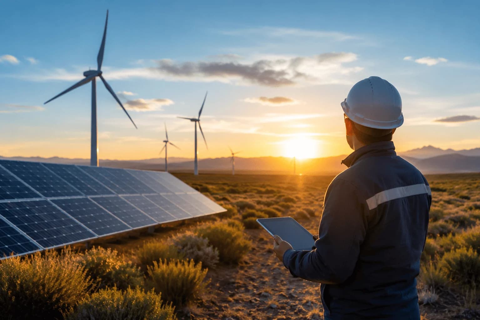 Técnico con tablet frente a paneles solares y un parque eólico al atardecer