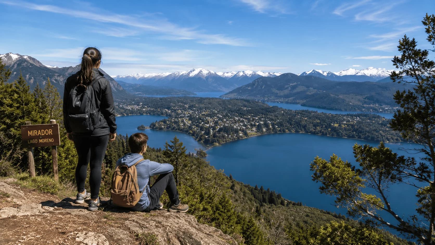 Jóvenes en un mirador contemplando los lagos, bosques y montañas de la Patagonia