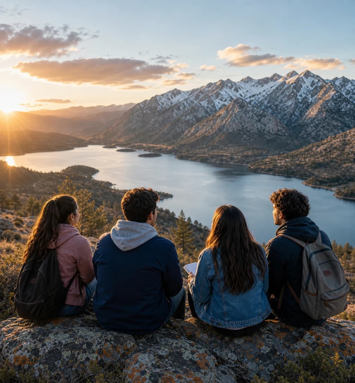 Jóvenes contemplando un lago y la cordillera neuquina al atardecer