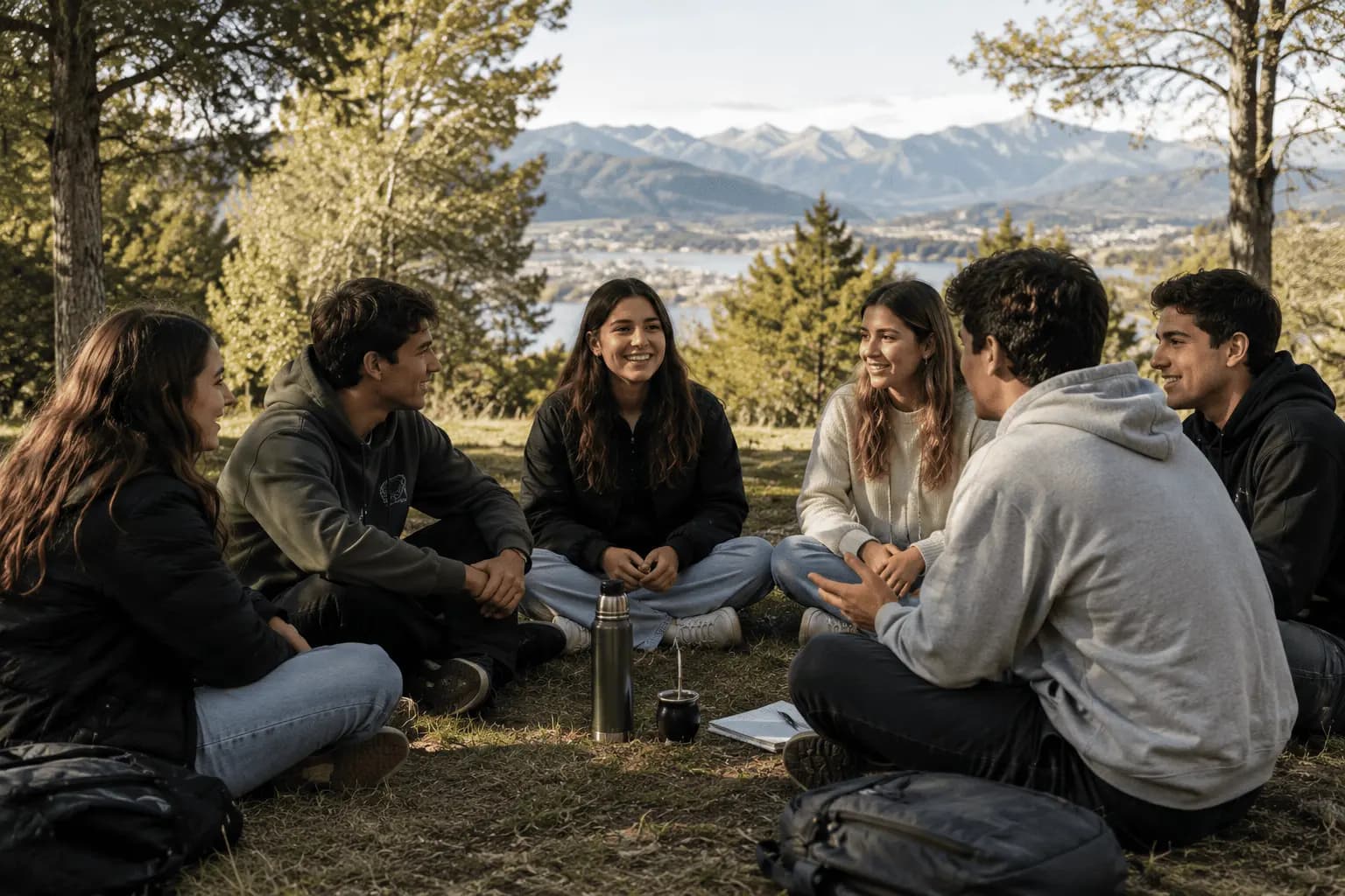 Jóvenes en ronda compartiendo mate y conversando al aire libre frente a las montañas