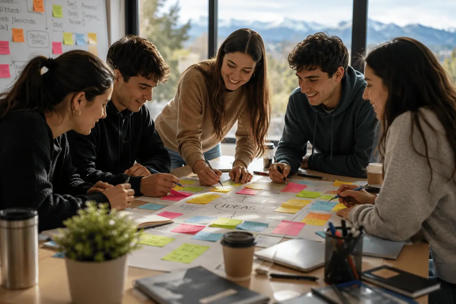 Jóvenes trabajando con notas adhesivas en un taller de ideas