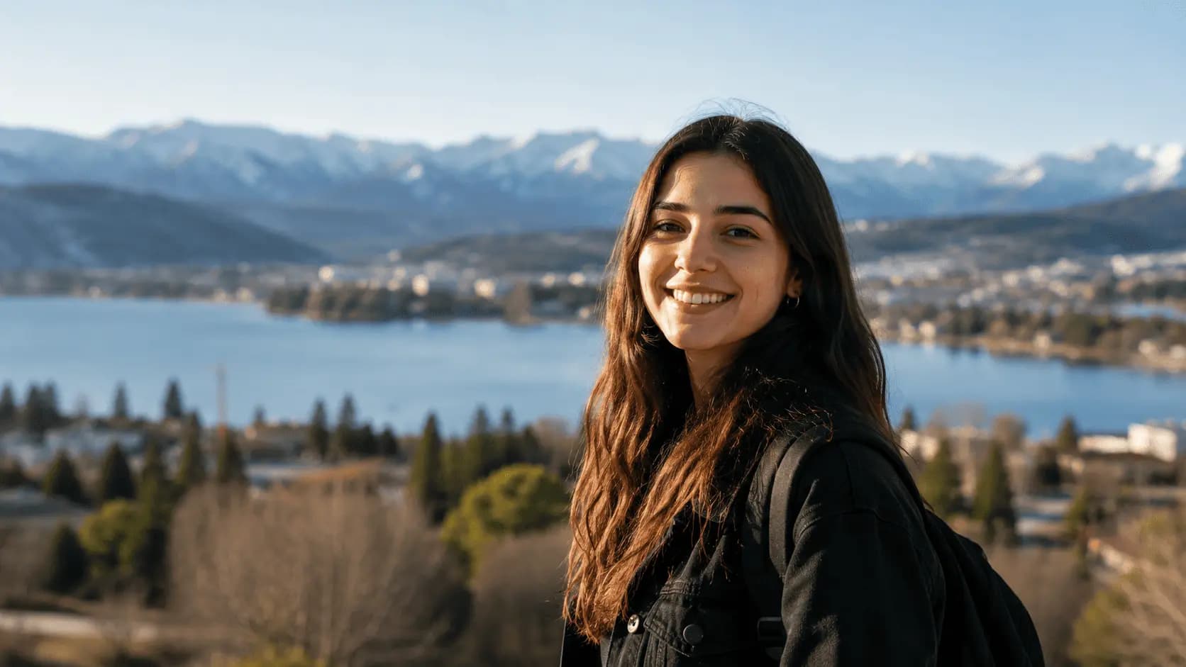 Joven neuquina sonriendo frente a una ciudad junto al lago y la cordillera