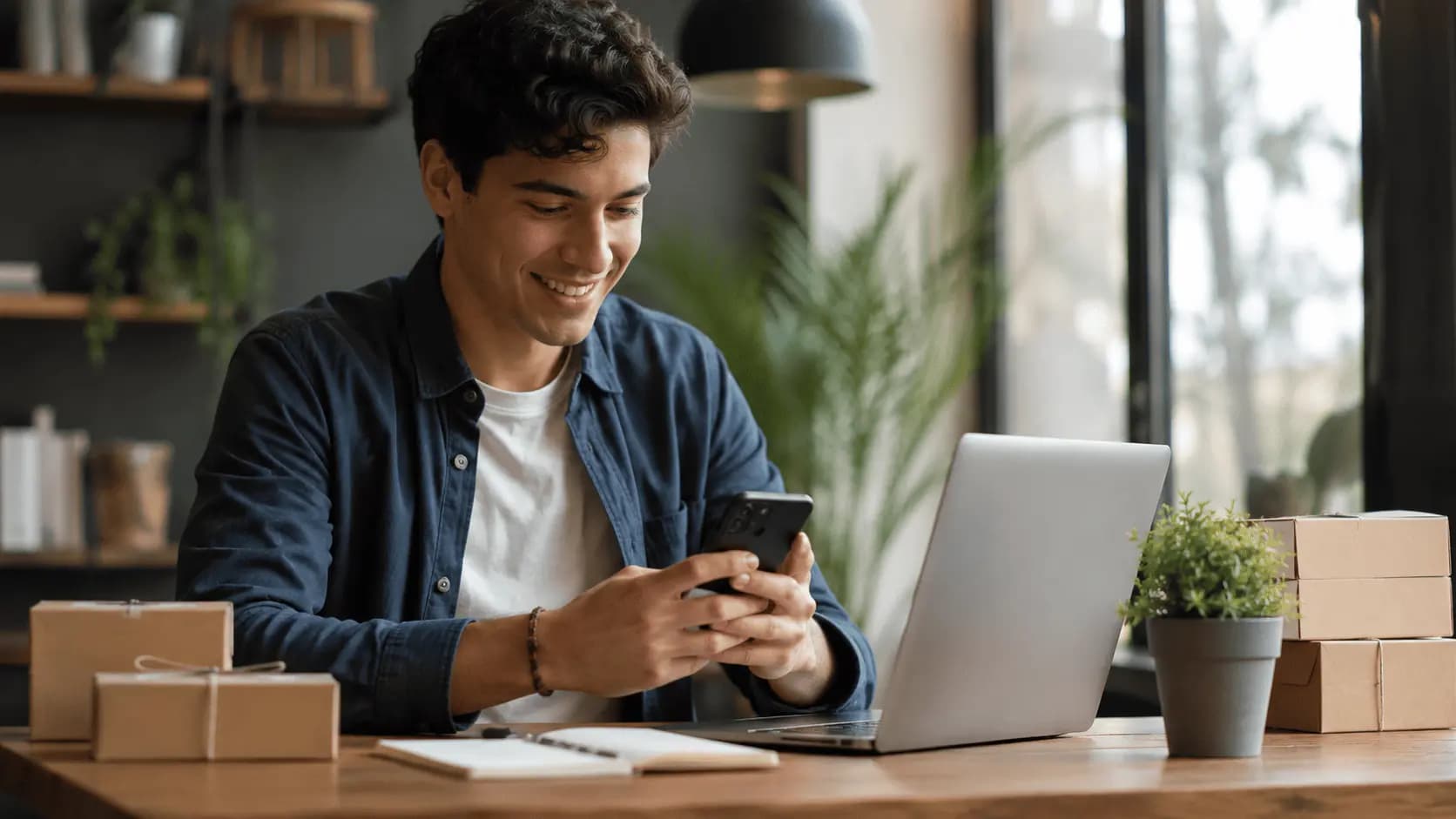 Emprendedor gestionando ventas desde su celular junto a paquetes para enviar