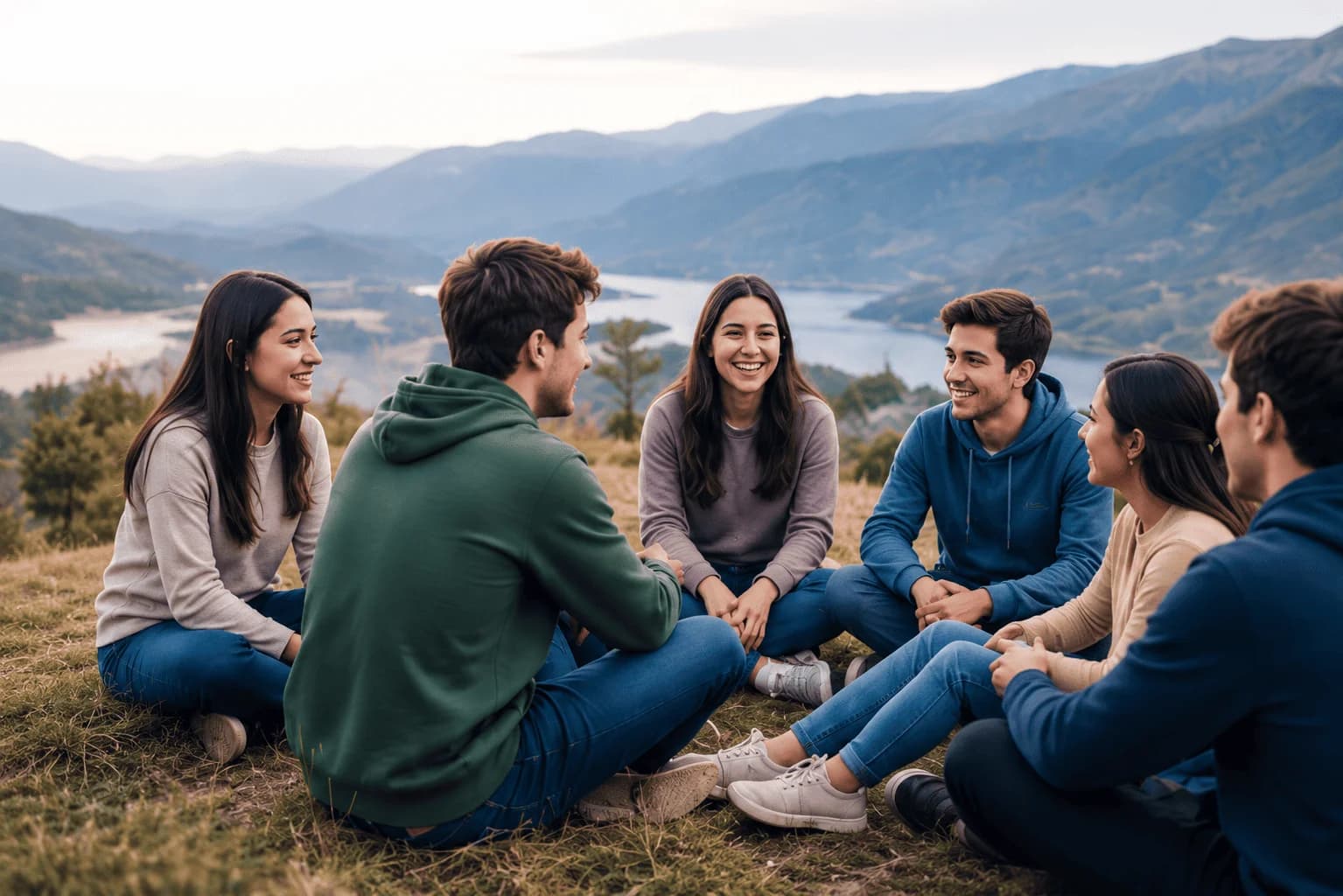 Jóvenes conversando en ronda sobre una colina, con lagos y montañas de fondo