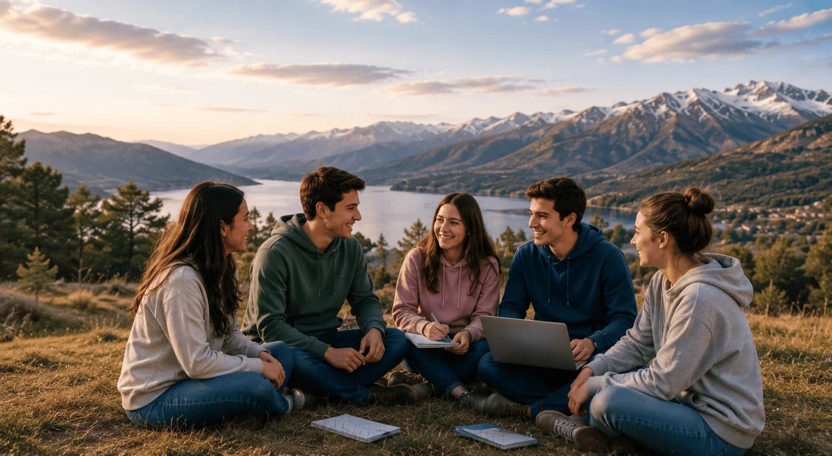Jóvenes estudiando con sus notebooks al aire libre frente al lago y la cordillera