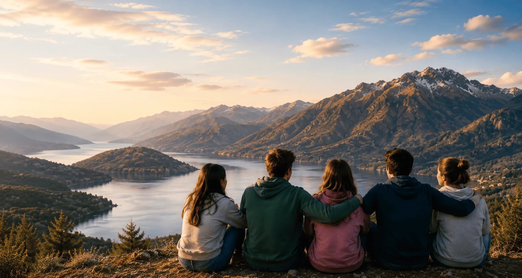 Grupo de jóvenes abrazados contemplando los lagos y la cordillera al atardecer