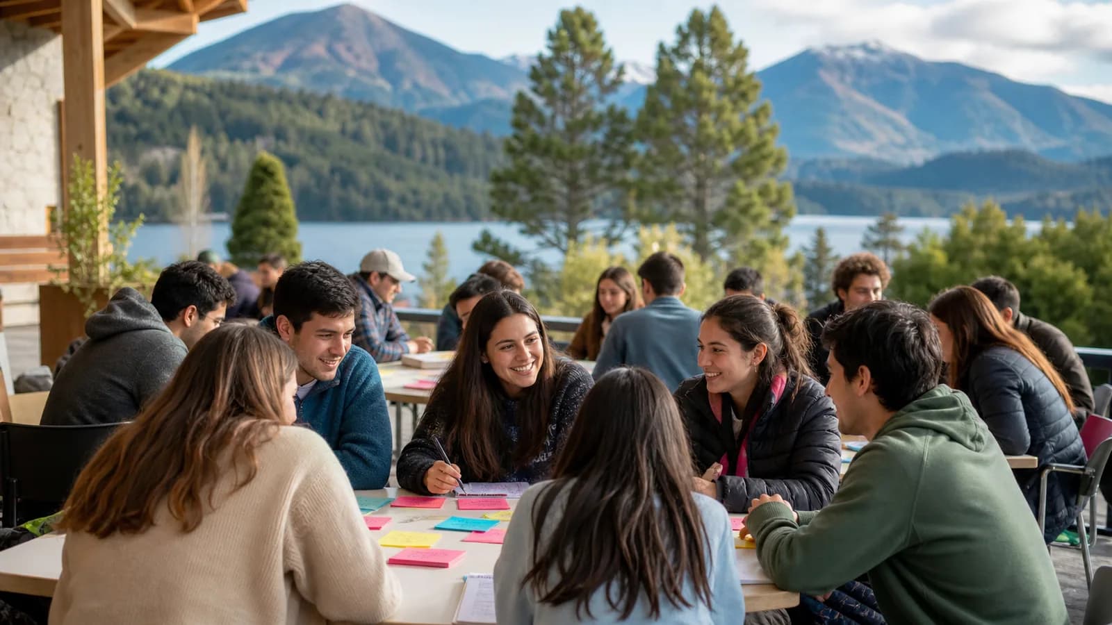 Jóvenes trabajando en mesas de intercambio con lago y montañas de fondo