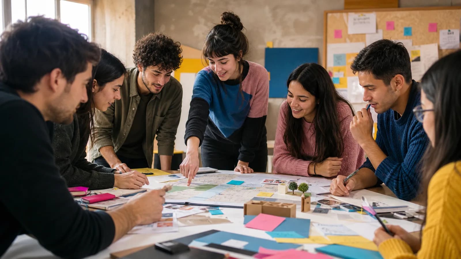 Jóvenes presentando ideas y proyectos comunitarios alrededor de una mesa de trabajo