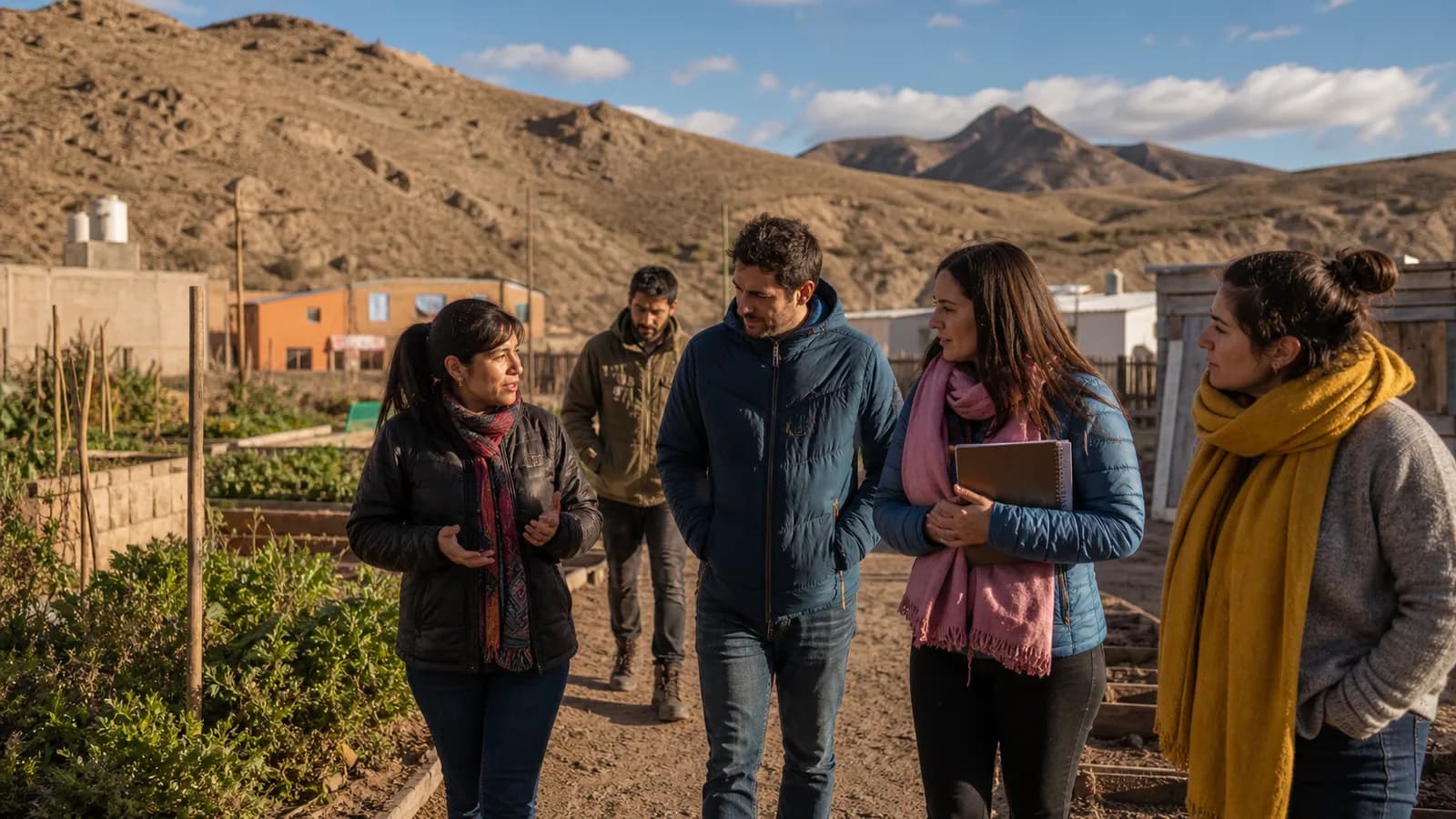Equipo de la fundación conversando con referentes locales en un proyecto comunitario de Chos Malal